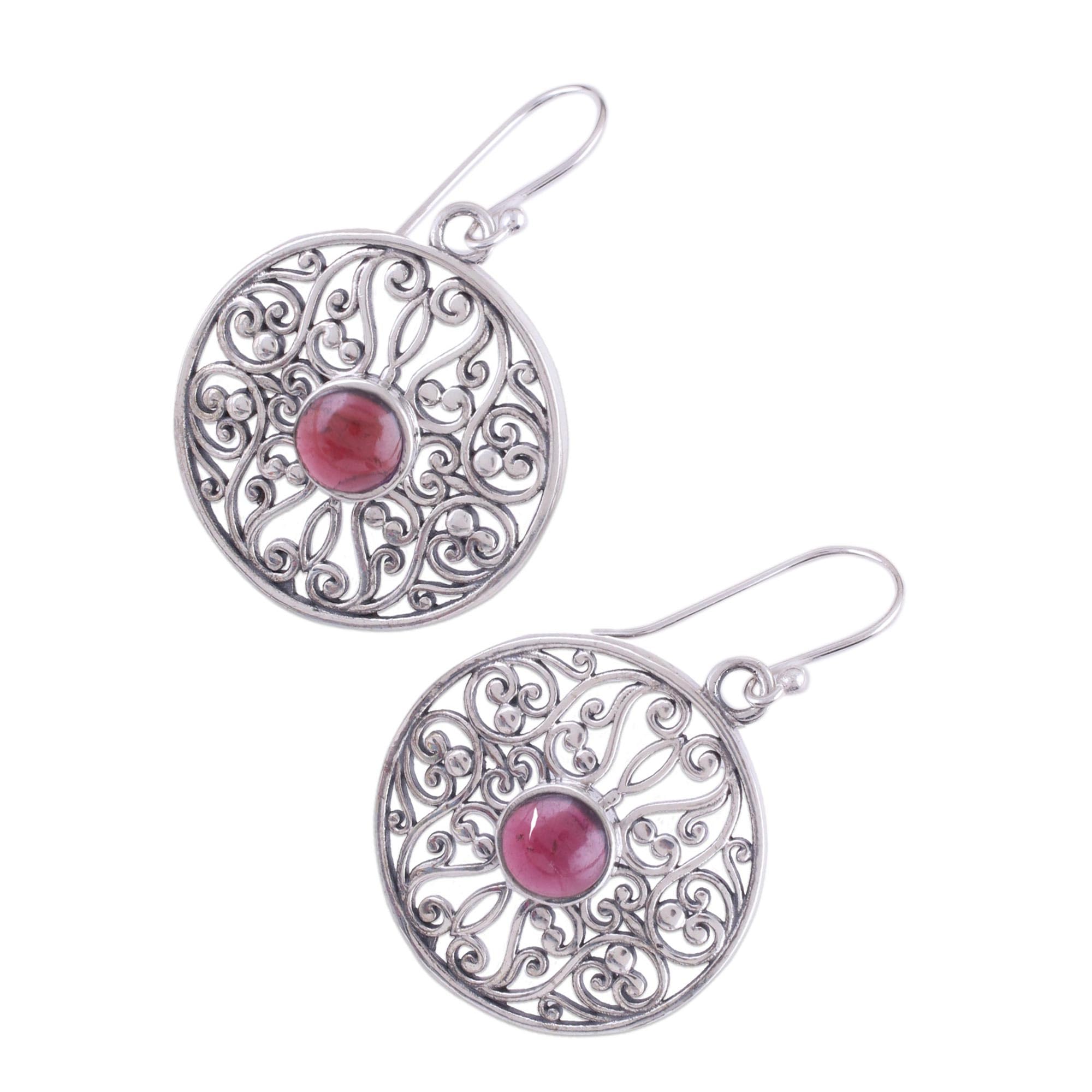 NOVICA Artisan Handmade Garnet Dangle Earrings Crafted Sterling with Garnets Silver Red India Birthstone [1.8 in L x 1.1 in W x 0.2 in D] ' Shalimar Gardens'