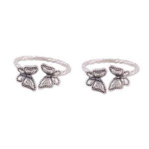 novica artisan handmade sterling silver toe rings twisted with butterfly accents from india pair no stone animal themed [ 1 mm w] ' butterfly meeting' pair