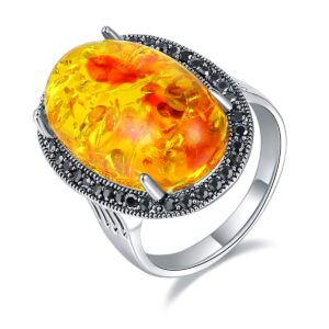 Ajojewel Women Rings With Big Stones Unique Bling Orange Resin Rings Party Wedding Jewelry(white-gold-plated-base, 9)