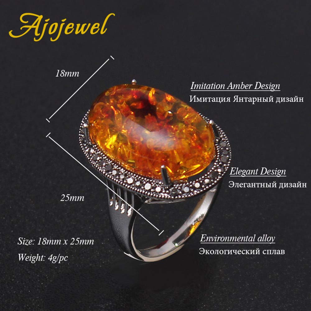 Ajojewel Women Rings With Big Stones Unique Bling Orange Resin Rings Party Wedding Jewelry(white-gold-plated-base, 9)