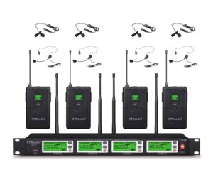 gtd audio 4x800 adjustable channels uhf diversity wireless cordless lavalier/lapel/headset microphone mic system 400fts (4 body packs)