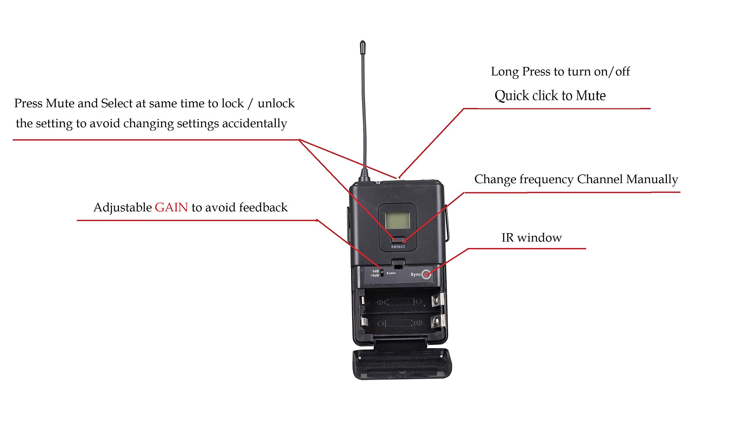 GTD Audio 4x800 Adjustable Channels UHF Diversity Wireless Cordless Lavalier/Lapel/Headset Microphone Mic System 400fts (4 Body Packs)