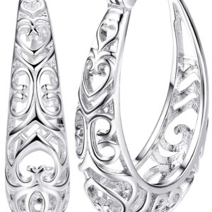 Milacolato 925 Sterling Silver Hoop Earrings for Women 18K White Gold Plated Textured Filigree Oval Hoop Earrings Lightweight & Hypoallergenic Vintage Hoop Earrings