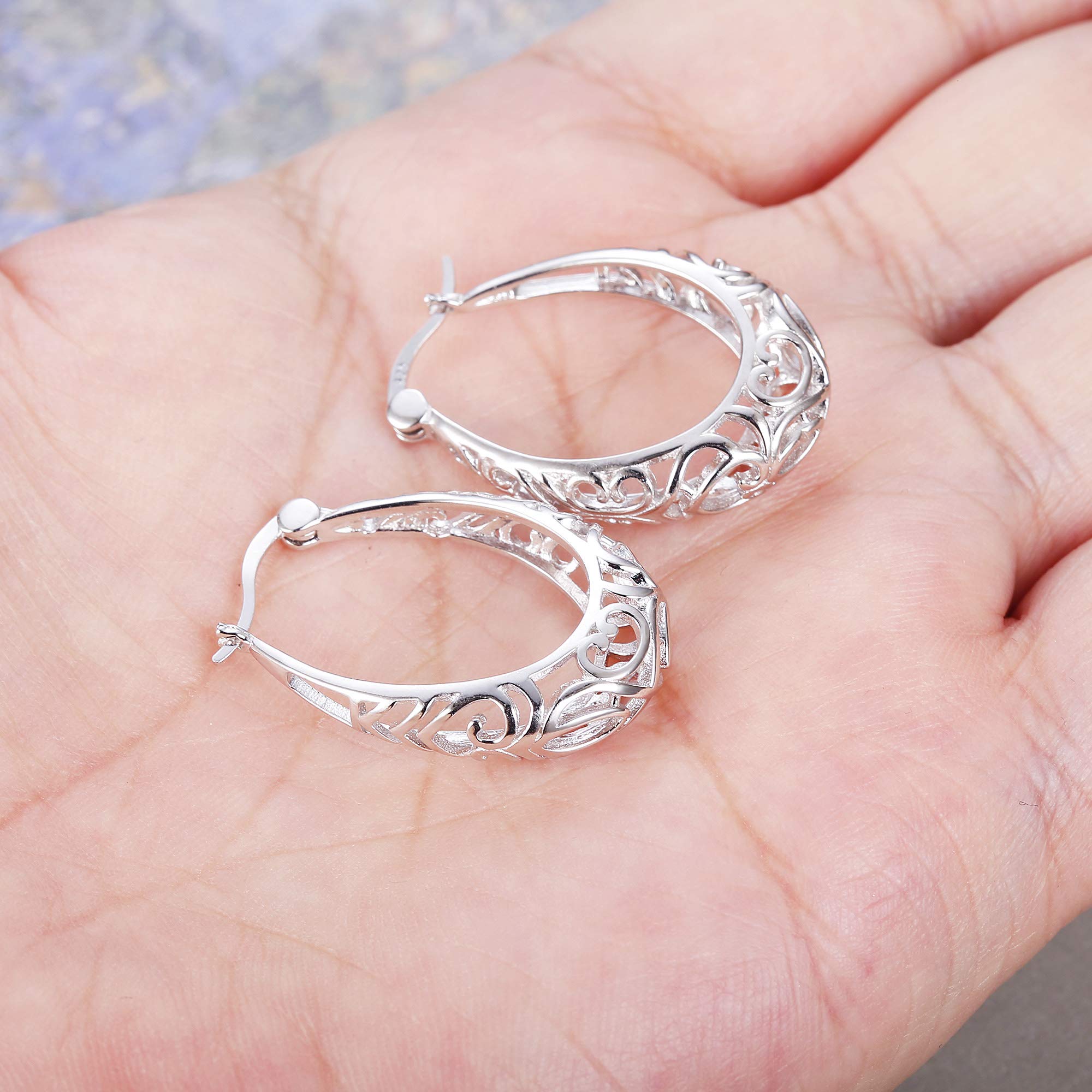 Milacolato 925 Sterling Silver Hoop Earrings for Women 18K White Gold Plated Textured Filigree Oval Hoop Earrings Lightweight & Hypoallergenic Vintage Hoop Earrings