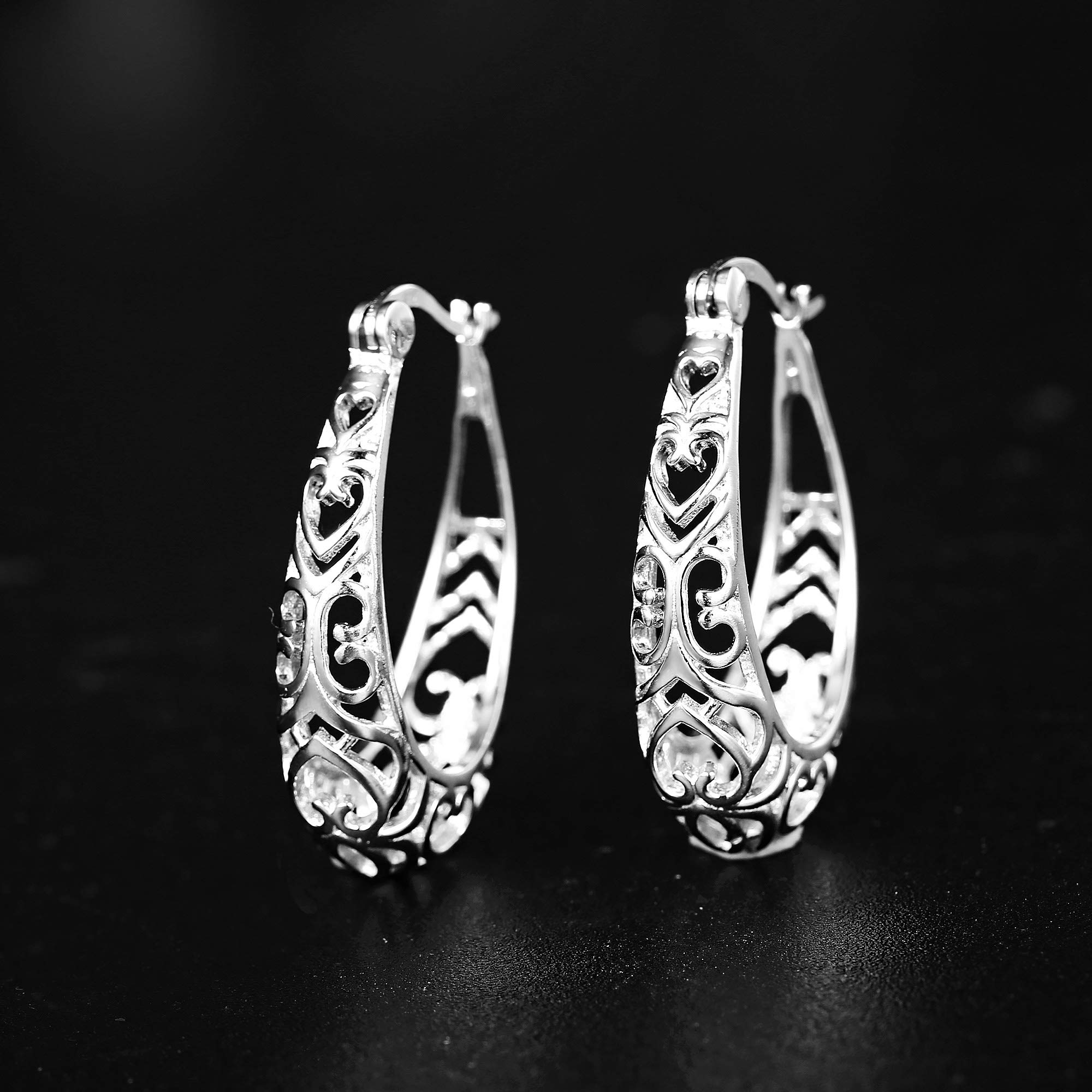 Milacolato 925 Sterling Silver Hoop Earrings for Women 18K White Gold Plated Textured Filigree Oval Hoop Earrings Lightweight & Hypoallergenic Vintage Hoop Earrings