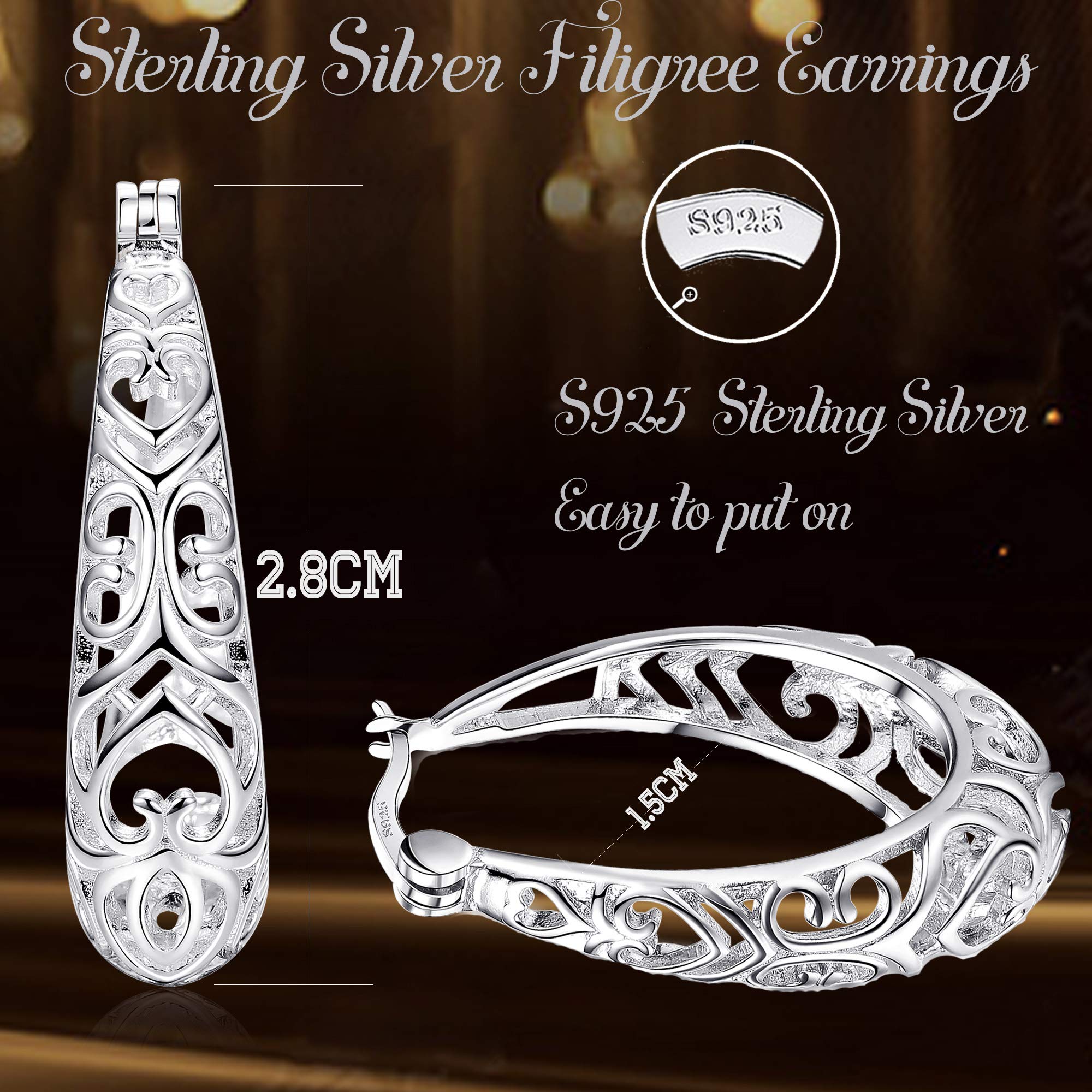 Milacolato 925 Sterling Silver Hoop Earrings for Women 18K White Gold Plated Textured Filigree Oval Hoop Earrings Lightweight & Hypoallergenic Vintage Hoop Earrings