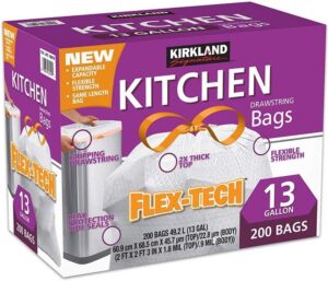 kirkland signature drawstring kitchen trash bags - 13 gallon - 200 count, multicolor