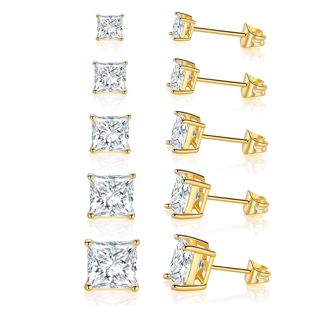 GEMSME 18K Gold Plated Princess Cut Clear Cubic Zirconia Stud Earrings Pack of 5 (gold)