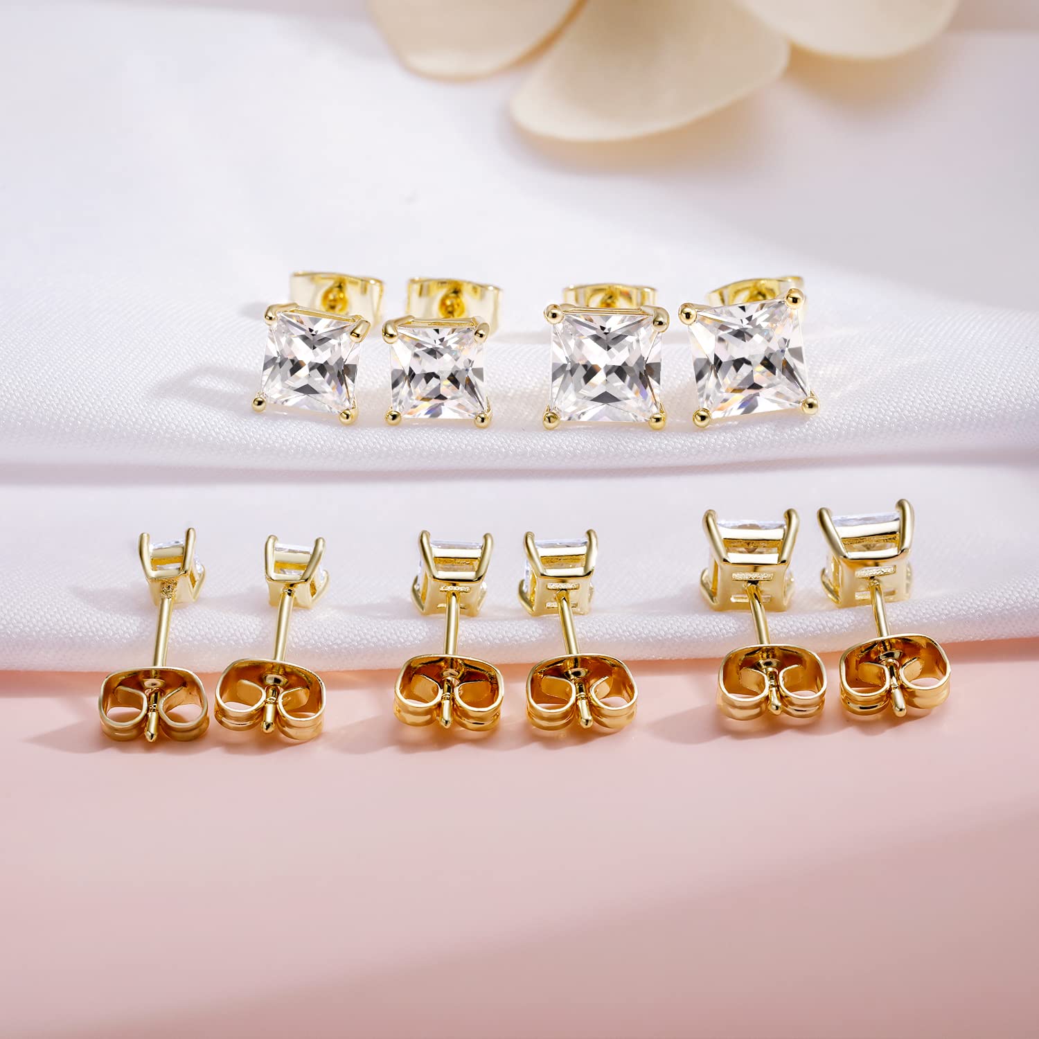 GEMSME 18K Gold Plated Princess Cut Clear Cubic Zirconia Stud Earrings Pack of 5 (gold)