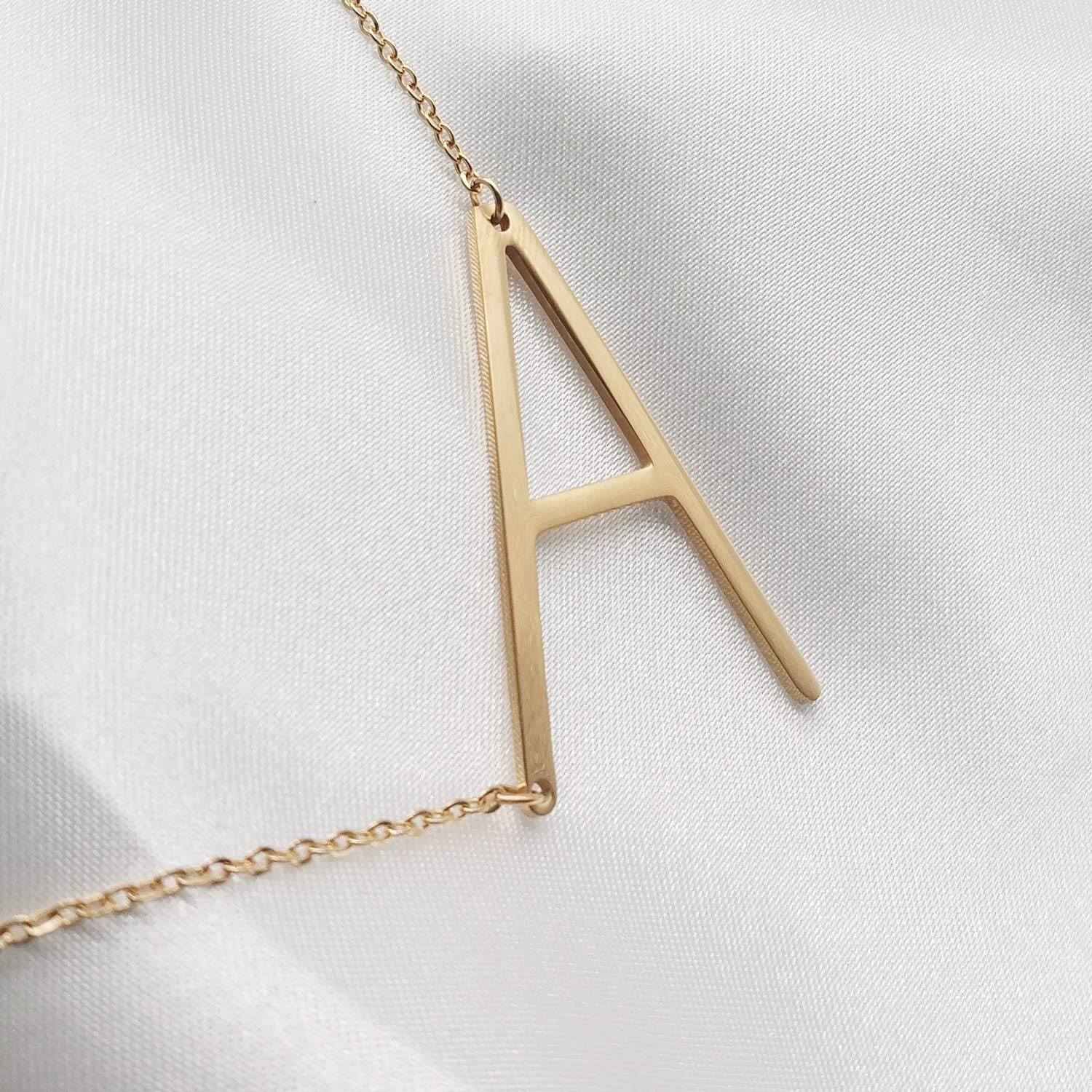 MOMOL Sideways Initial Necklace 18K Gold Plated Stainless Steel Large Big Letters A Pendant Necklace Script Name Monogram Necklaces for Women