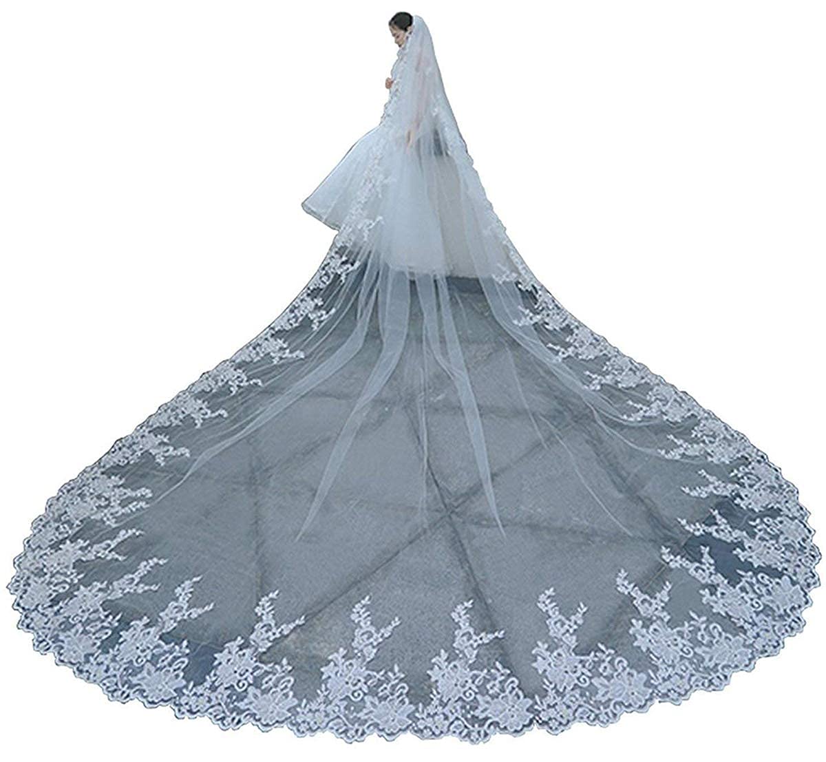 FAIOKAVER Wedding Veils Long Cathedral Full Floral Lace Egde 1 Tier with Comb…