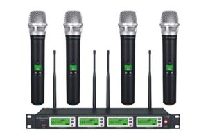 gtd audio 4x800 adjustable channels uhf diversity wireless cordless handheld microphone mic system ideal for church, karaoke, dj party, range 450ft (4 handheld mics)