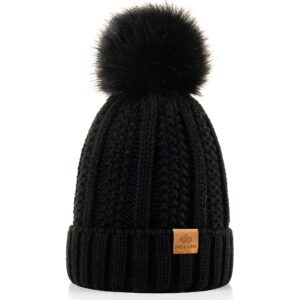 page one womens winter thick cable knit beanie faux fur pom hat fleece lined skull cap black