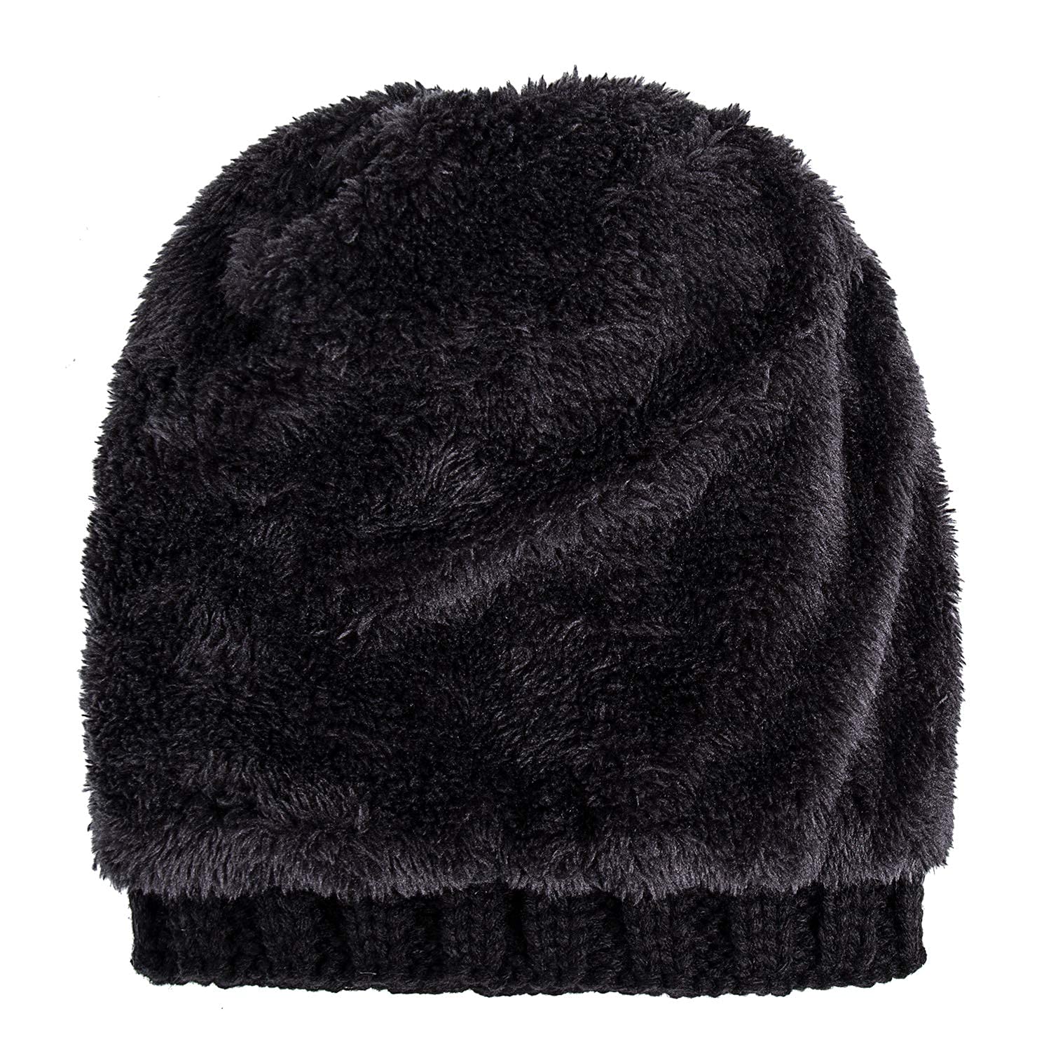 PAGE ONE Womens Winter Thick Cable Knit Beanie Faux Fur Pom Hat Fleece Lined Skull Cap Black