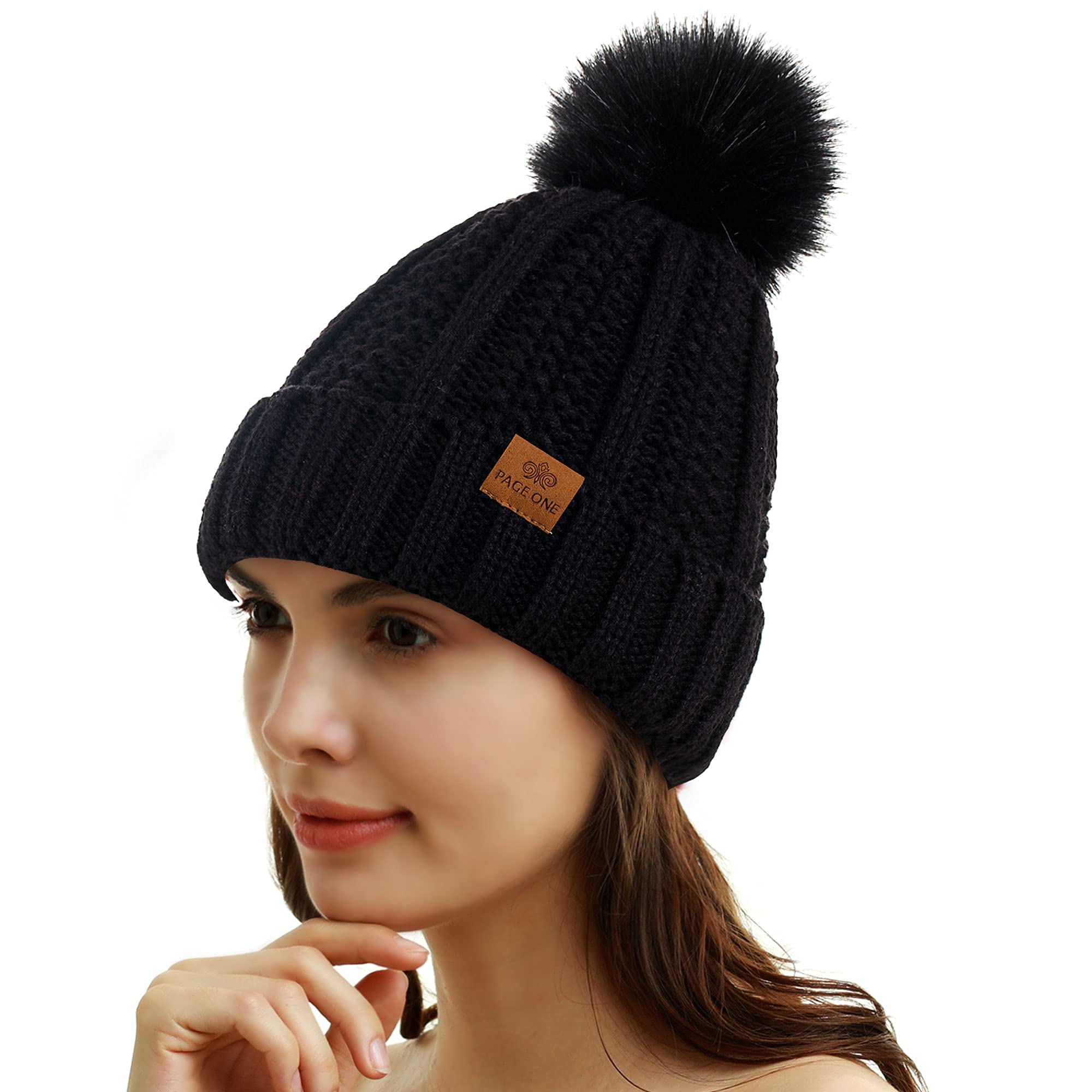 PAGE ONE Womens Winter Thick Cable Knit Beanie Faux Fur Pom Hat Fleece Lined Skull Cap Black