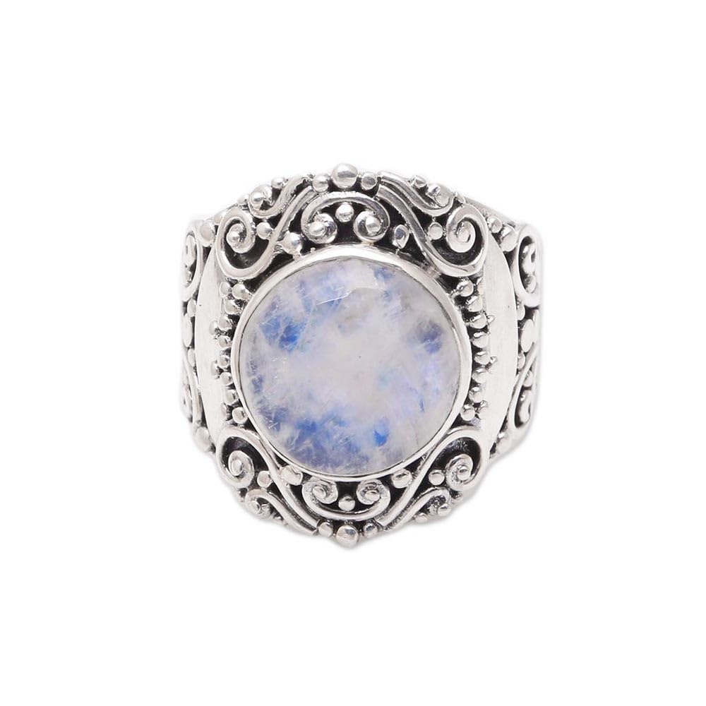 NOVICA Artisan Handmade Rainbow Moonstone Cocktail Ring from Bali Sterling Silver Indonesia [ring Front 0.9 in L x 0.8 in W x 0.3 in H Band Width 3 mm W] ' Nighttime Garden'