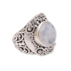 NOVICA Artisan Handmade Rainbow Moonstone Cocktail Ring from Bali Sterling Silver Indonesia [ring Front 0.9 in L x 0.8 in W x 0.3 in H Band Width 3 mm W] ' Nighttime Garden'