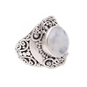 NOVICA Artisan Handmade Rainbow Moonstone Cocktail Ring from Bali Sterling Silver Indonesia [ring Front 0.9 in L x 0.8 in W x 0.3 in H Band Width 3 mm W] ' Nighttime Garden'