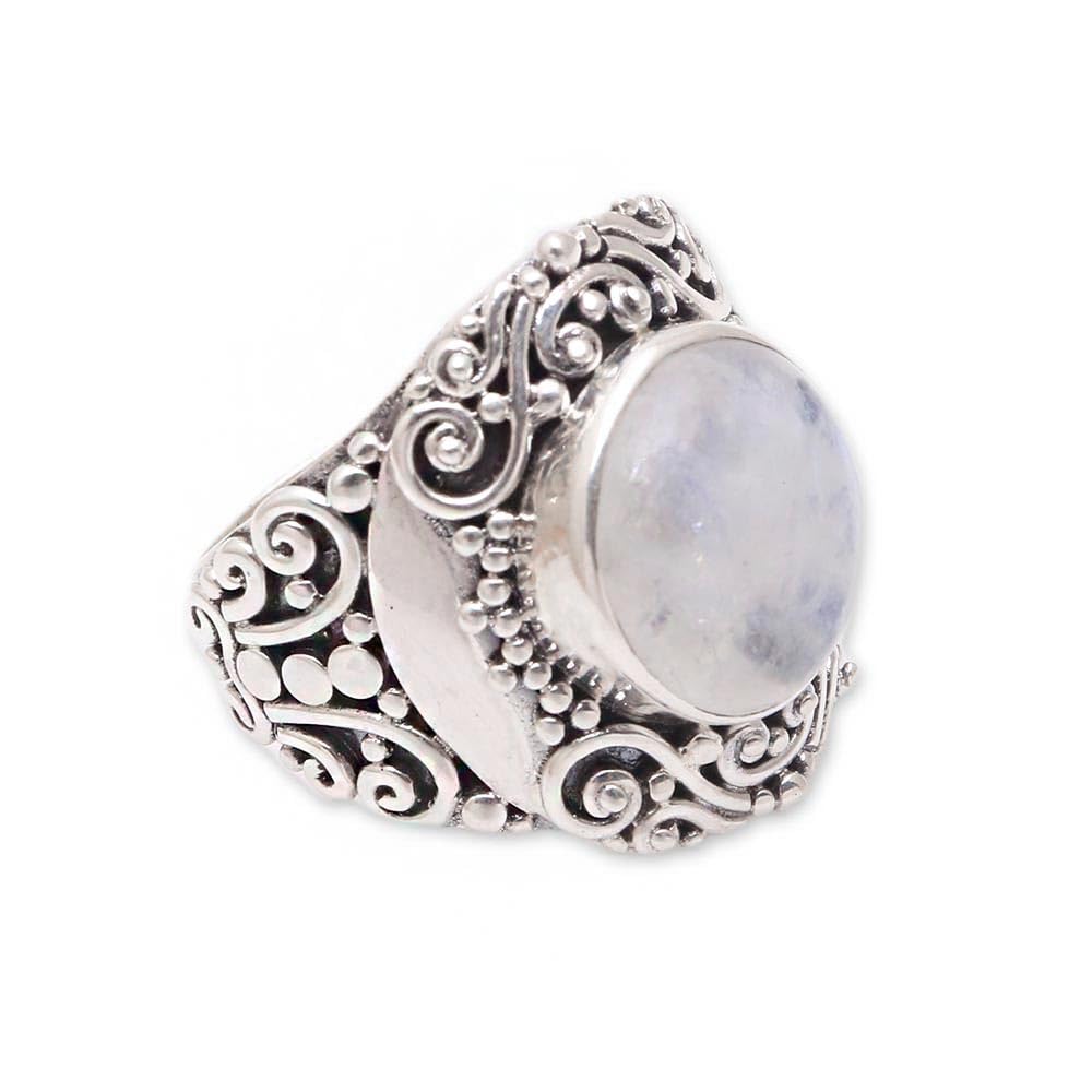 NOVICA Artisan Handmade Rainbow Moonstone Cocktail Ring from Bali Sterling Silver Indonesia [ring Front 0.9 in L x 0.8 in W x 0.3 in H Band Width 3 mm W] ' Nighttime Garden'