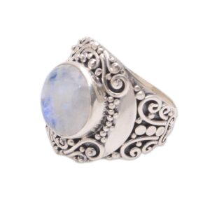 NOVICA Artisan Handmade Rainbow Moonstone Cocktail Ring from Bali Sterling Silver Indonesia [ring Front 0.9 in L x 0.8 in W x 0.3 in H Band Width 3 mm W] ' Nighttime Garden'