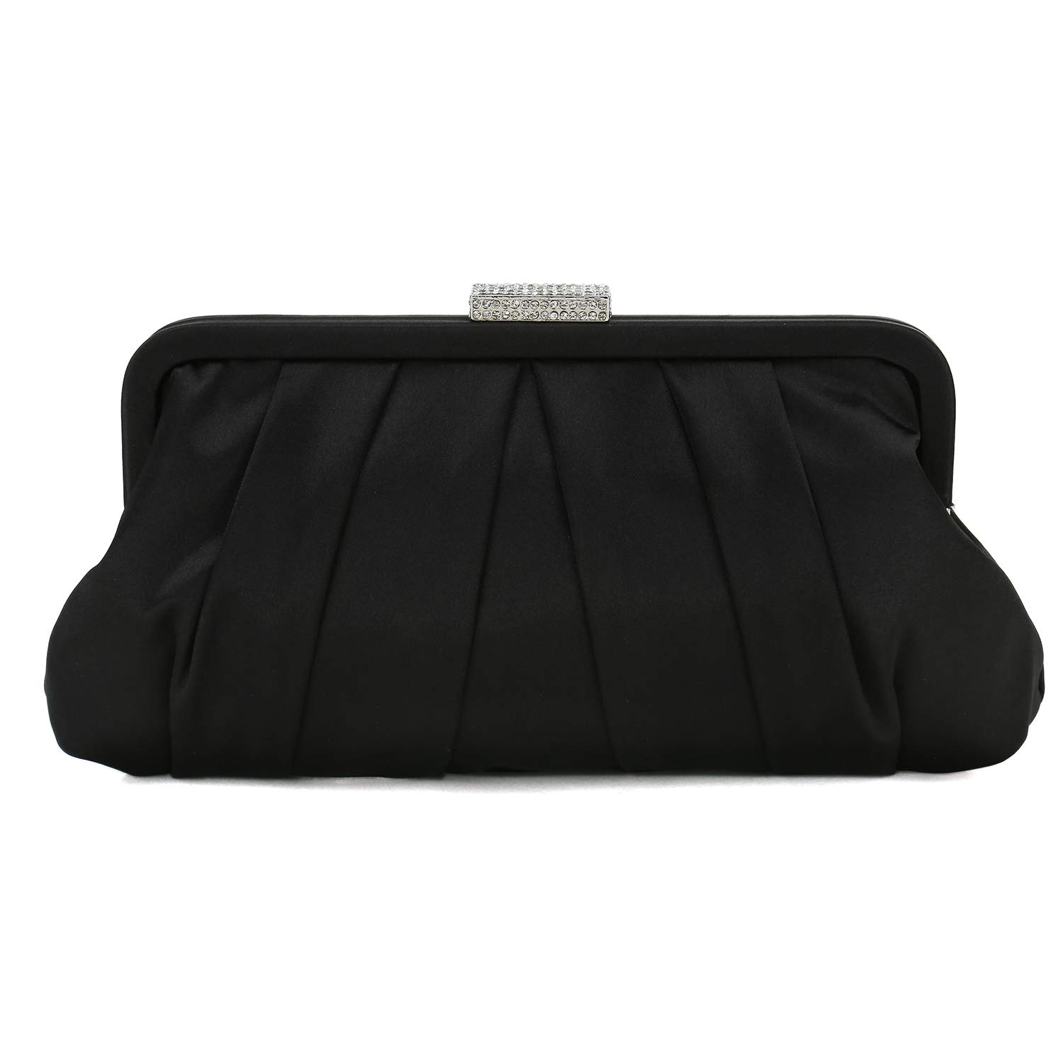 CHARMING TAILOR Classic Pleated Satin Clutch Bag Diamante Embellished Formal Handbag for Wedding/Prom/Black-Tie Events (Black)