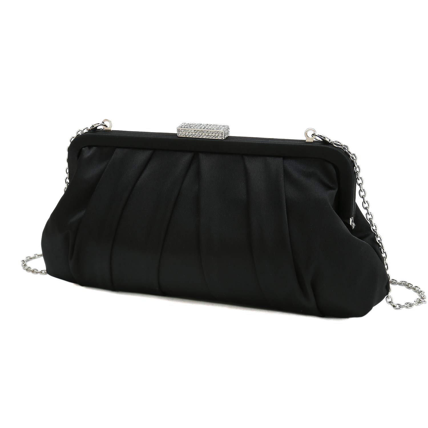 CHARMING TAILOR Classic Pleated Satin Clutch Bag Diamante Embellished Formal Handbag for Wedding/Prom/Black-Tie Events (Black)