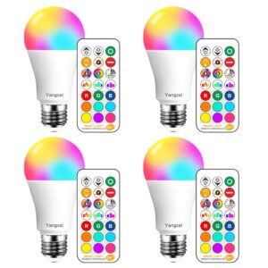 Yangcsl LED Light Bulbs 85W Equivalent 1200lm, RGB Color Changing Light Bulb, 6 Moods - Memory - Sync - Dimmable, A19 E26 Screw Base, Timing Remote Control Included (Pack of 4)