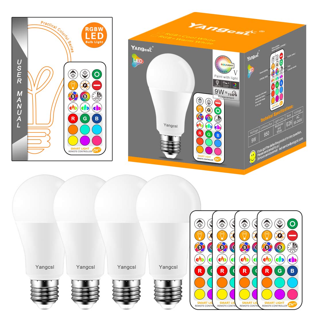 Yangcsl LED Light Bulbs 85W Equivalent 1200lm, RGB Color Changing Light Bulb, 6 Moods - Memory - Sync - Dimmable, A19 E26 Screw Base, Timing Remote Control Included (Pack of 4)