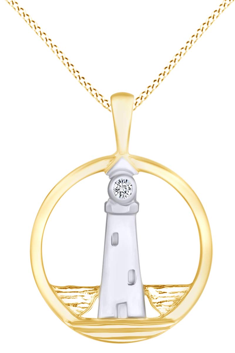 Round Shape White Natural Diamond Accent Two Tone Lighthouse Pendant Necklace In 10k Yellow Gold