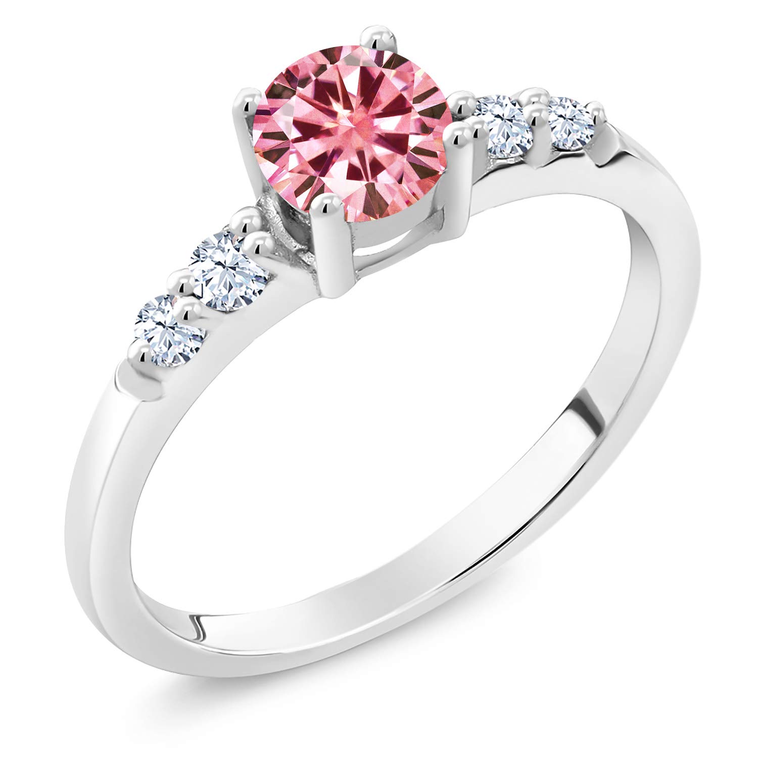 Gem Stone King 925 Sterling Silver Pink Moissanite & Created White Sapphire Engagement Ring | 0.67 Cttw | Wedding Anniversary Promise Ring For Women | Size 5,6,7,8,9