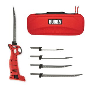 bubba li-ion cordless electric fillet knife with non-slip grip handle, 4 ti-nitride s.s. coated non-stick reciprocating blades, charger and case for fishing