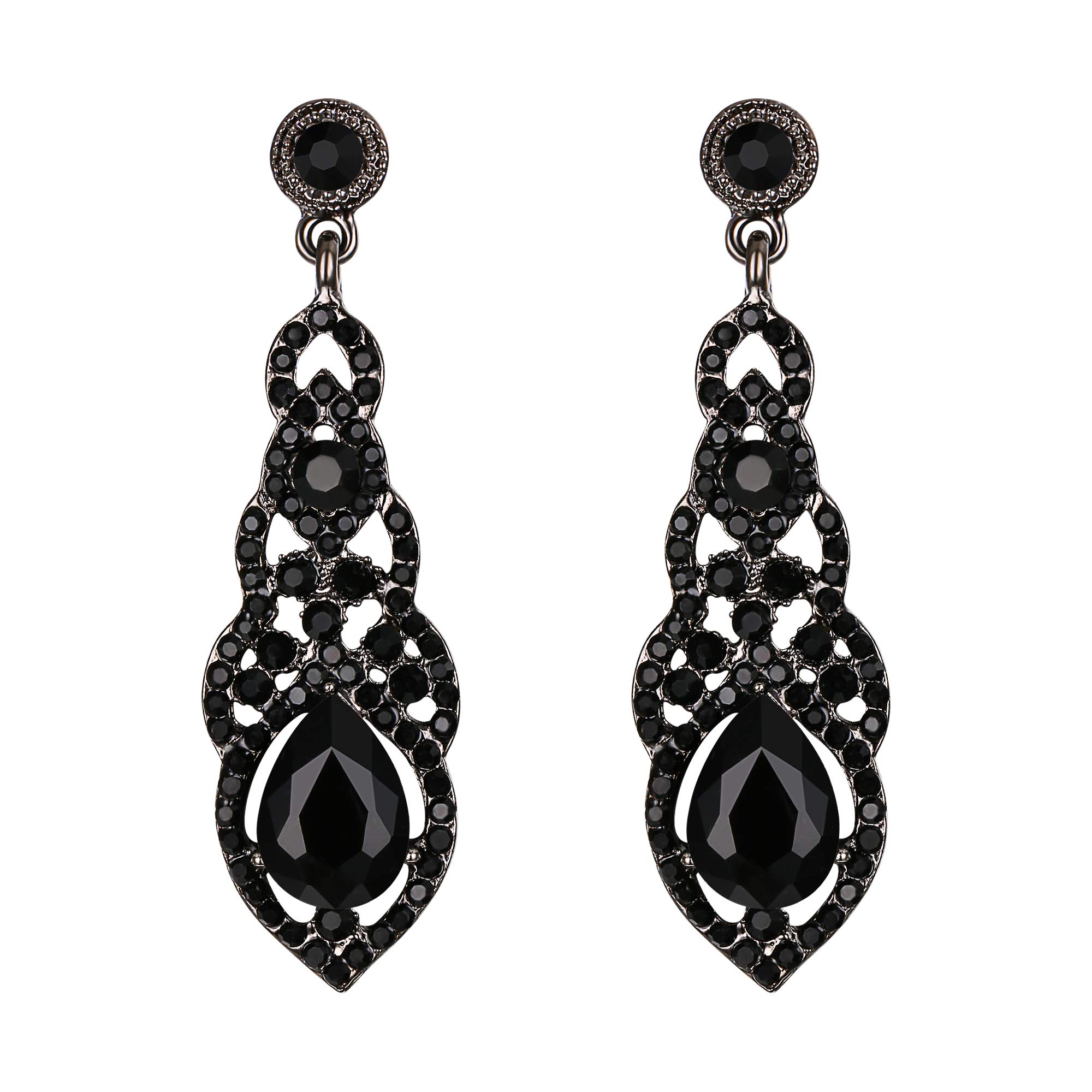 BriLove Wedding Bridal Dangle Earrings for Women Crystal Art Deco Teardrop Hollow Chandelier Earrings Black Black-Silver-Tone