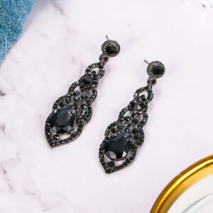 BriLove Wedding Bridal Dangle Earrings for Women Crystal Art Deco Teardrop Hollow Chandelier Earrings Black Black-Silver-Tone