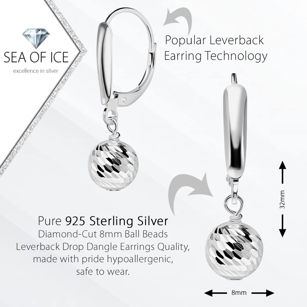 Sea of Ice Sterling Silver Ball Beads Leverback Drop Dangle Earing– Diamond-Cut 8mm Ball Beads - Elegant Sterling Silver Earrings for Women – Nickel-Free Jewelry