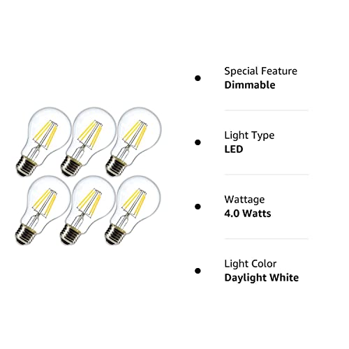 Dimmable 4W Vintage LED Filament Bulb 4000K Daylight White, Edison A19/A60 LED Light Bulbs, 40W Equivalent E26 Medium Base Lamp, Clear Glass Cover 400 Lumens, Pack of 6