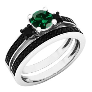 Dazzlingrock Collection 5 MM Center Round Lab Created Emerald with Natural Black Diamond Three Stone Engagement Ring Set for Women | 925 Sterling Silver, Size 5.5