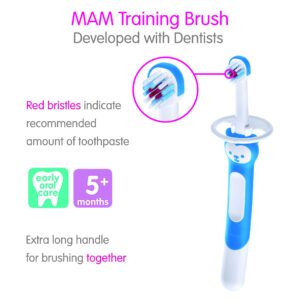 MAM Training Toothbrush for Babies (1 Baby's Brush with Safety Shield), Baby Toothbrush with Brushy The Bear Character, Interactive App, for Boys 5+ Months, Blue