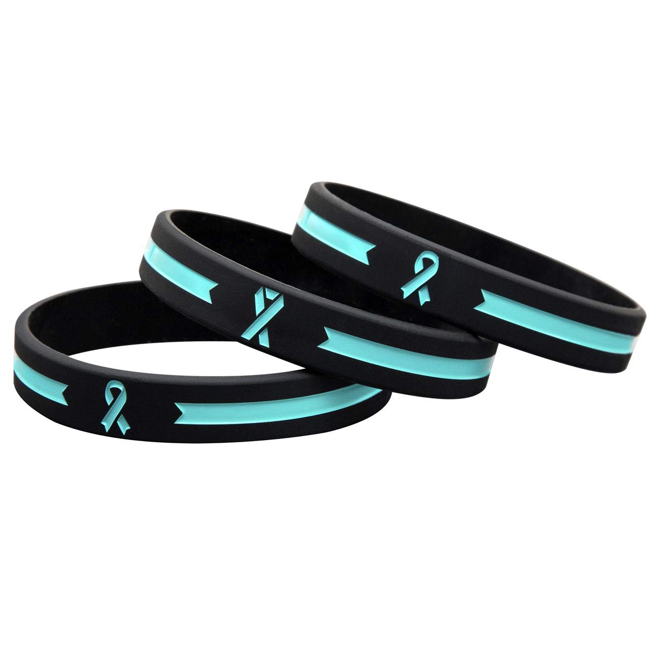 Sainstone Teal Awareness Ribbon Silicone Bracelets, Teal Inspirational Ribbon Wristbands Unisex Gifts for Men Women (3-pack)