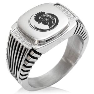 two-tone stainless steel tribal rooster clear cubic zirconia ribbed needle stripe pattern biker style polished ring, size 10