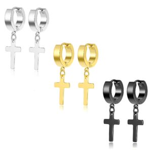 szory 3 pairs stainless steel cross earrings for men women dangle hoop earrings silver gold black