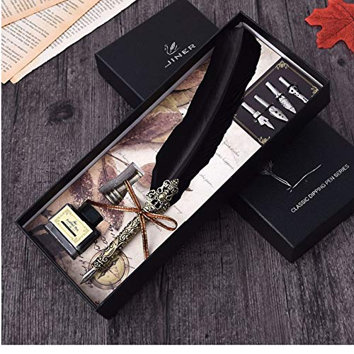 HUAWELL Antique Feather Dip Pen Set | Retro Feather Pen Calligraphy Pen Set Feather Writing Quill Ink Dip Pen Best Holiday Gift (Black)