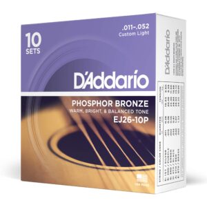 D'Addario Guitar Strings - Phosphor Bronze Acoustic Guitar Strings - EJ26-10P - Rich, Full Tonal Spectrum - For 6 String Guitars - 11-52 Custom Light, 10-Pack