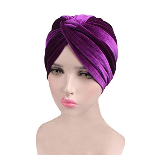 Fxhixiy Women's Stretch Velvet Twist Pleasted Hair Wrap Turban Hat Cancer Chemo Beanie Cap Headwear (Purple)