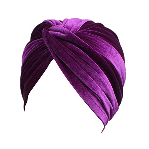 Fxhixiy Women's Stretch Velvet Twist Pleasted Hair Wrap Turban Hat Cancer Chemo Beanie Cap Headwear (Purple)