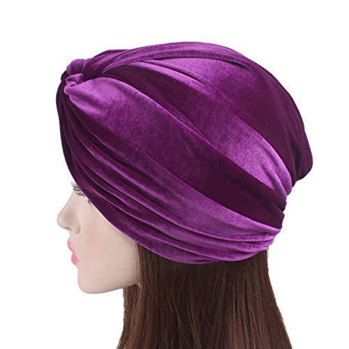 Fxhixiy Women's Stretch Velvet Twist Pleasted Hair Wrap Turban Hat Cancer Chemo Beanie Cap Headwear (Purple)