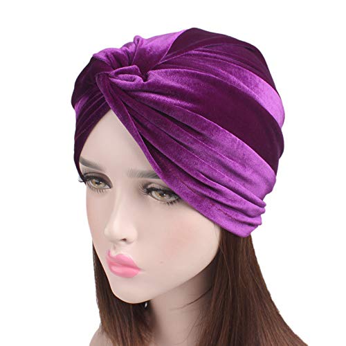 Fxhixiy Women's Stretch Velvet Twist Pleasted Hair Wrap Turban Hat Cancer Chemo Beanie Cap Headwear (Purple)