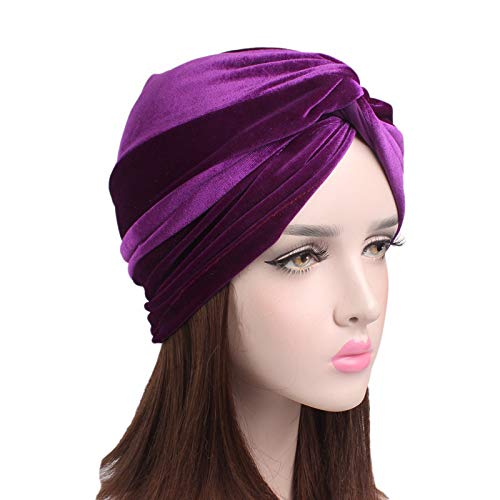 Fxhixiy Women's Stretch Velvet Twist Pleasted Hair Wrap Turban Hat Cancer Chemo Beanie Cap Headwear (Purple)