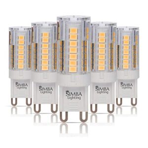 simba lighting g9 led light bulb (5 pack) 4w t4 40w halogen replacement for pendants, ceiling lights, desk lamp, wall sconce, 120v jcd bi-pin base non-dimmable, 3000k soft white