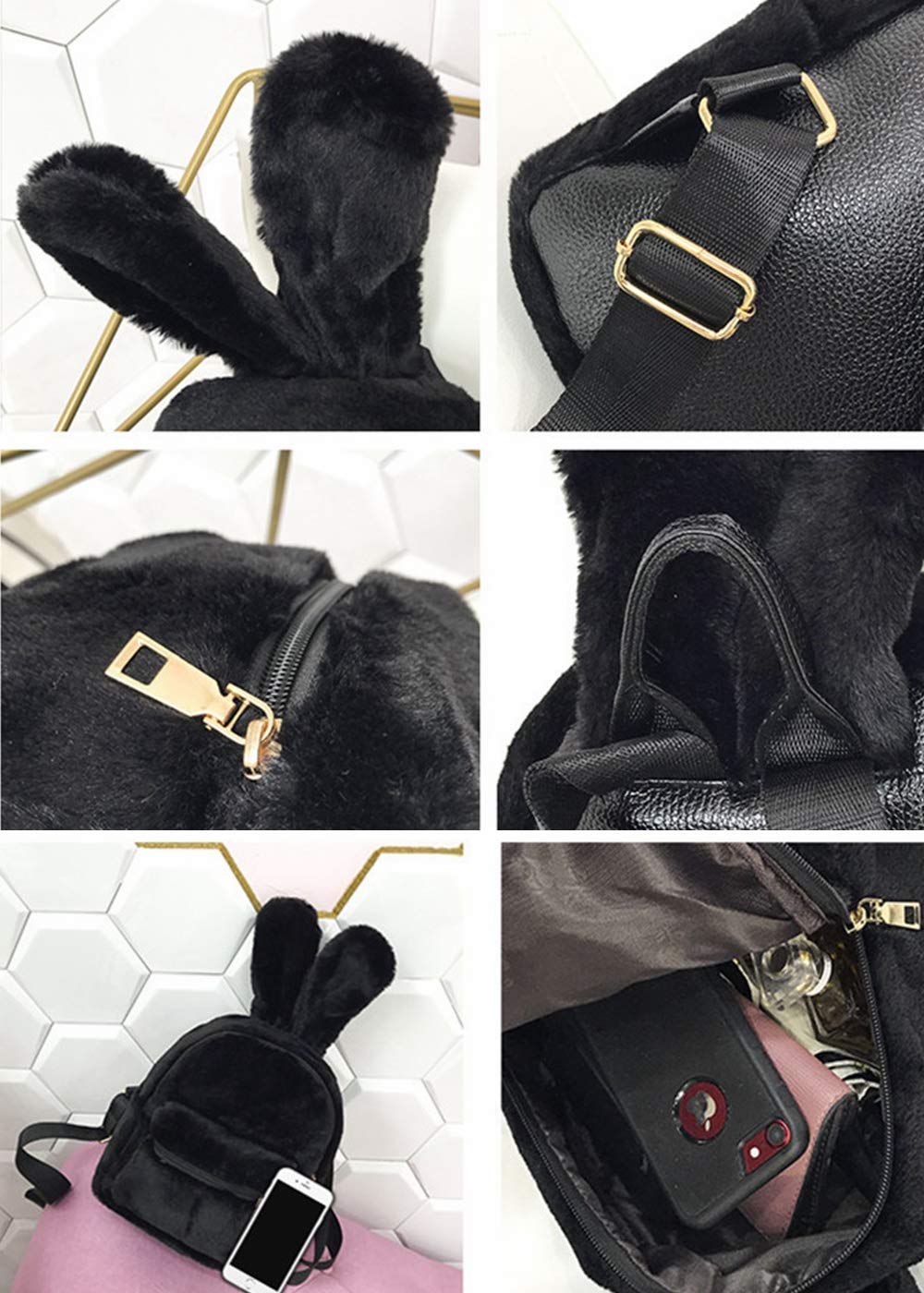 Bunny Backpack, Mini Fur Backpack Cute Rabbit Ear Satchel Shoulder bag Purse Plush Handbags for Women