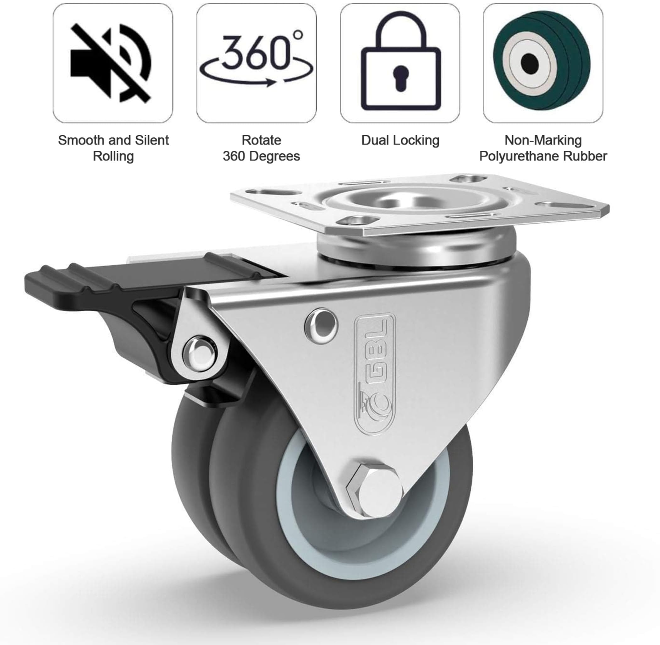 GBL 2 inch Casters Set of 4 Heavy Duty with 2 Locking Brakes + Screws - Up to 880Lbs - Swivel Caster Wheels - No Floor Marks Silent Plate Casters - Silver Castor